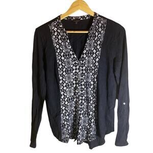 Lucky Brand Womens Black and White Floral Roll Tab Sleeve Button Down Blouse M